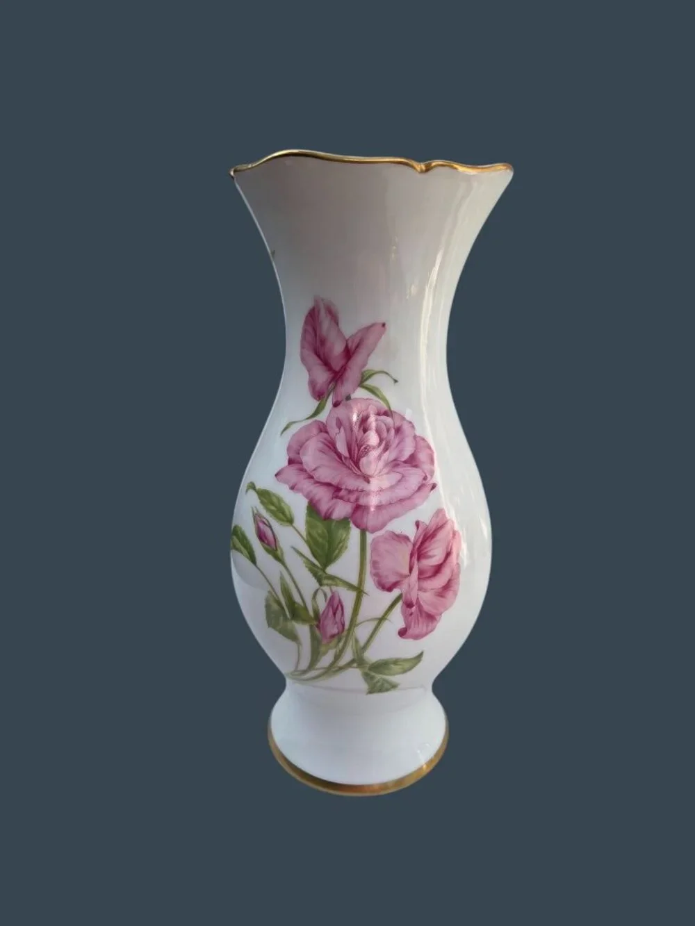 Givenchy Rose Fine Porcelain Vase With Pink Floral Design & Gold Trim 1989